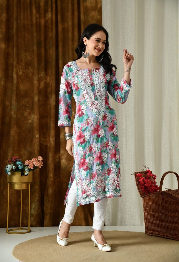 Multi color Mulmul Pure Cotton Lucknow Chikankari Kurta -Lavender