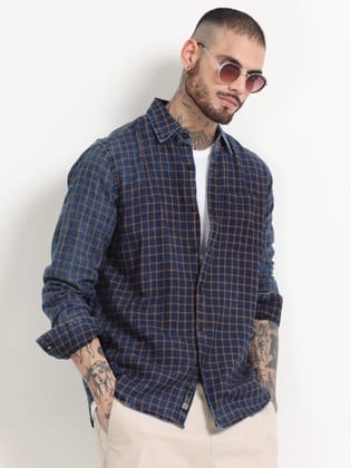 Indigo Dyed Premium Men Shirt, Regular Fit, Pure Cotton, Yellow-Navy-S