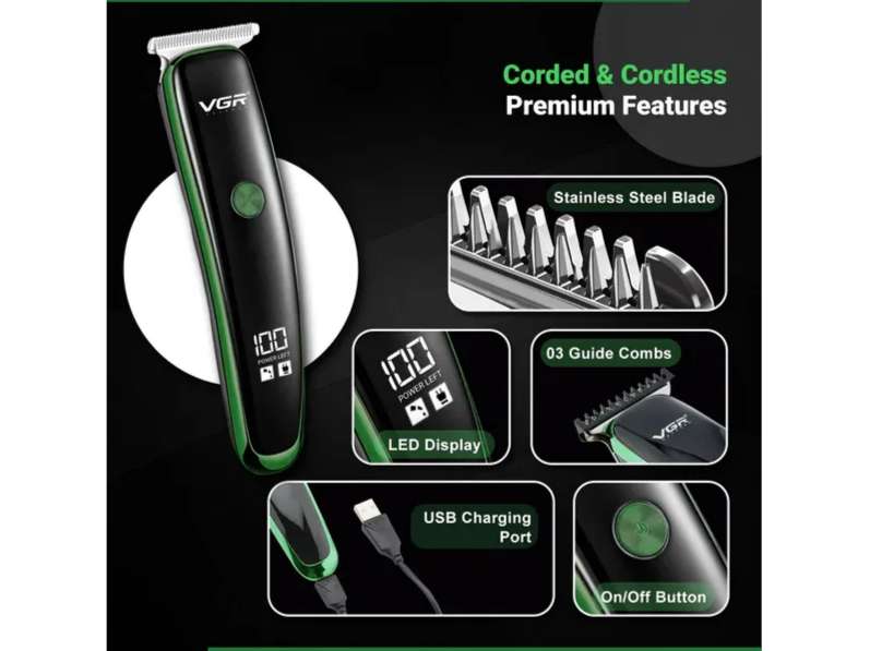 VGR V-966 with Smart LED display Trimmer 120 min Runtime 3 Length Settings (Green)