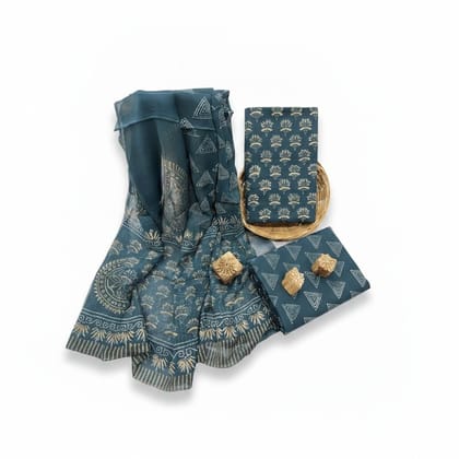 Teal Floral Print Dress Material Set