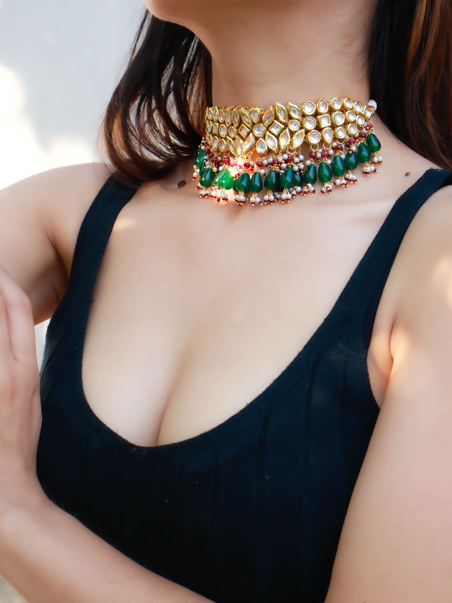 Aabish Red-Green Kundan Choker Necklace-Green