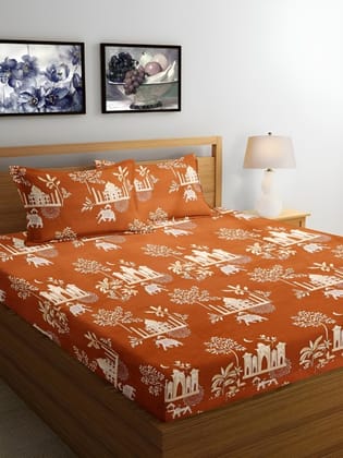 Brown & Beige Floral 300 TC King Bedsheet with 2 Pillow Covers