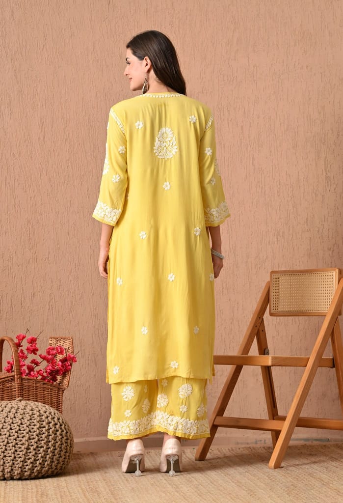 Hand Embroidered Chikankari Plazo Set 3d Work- Yellow