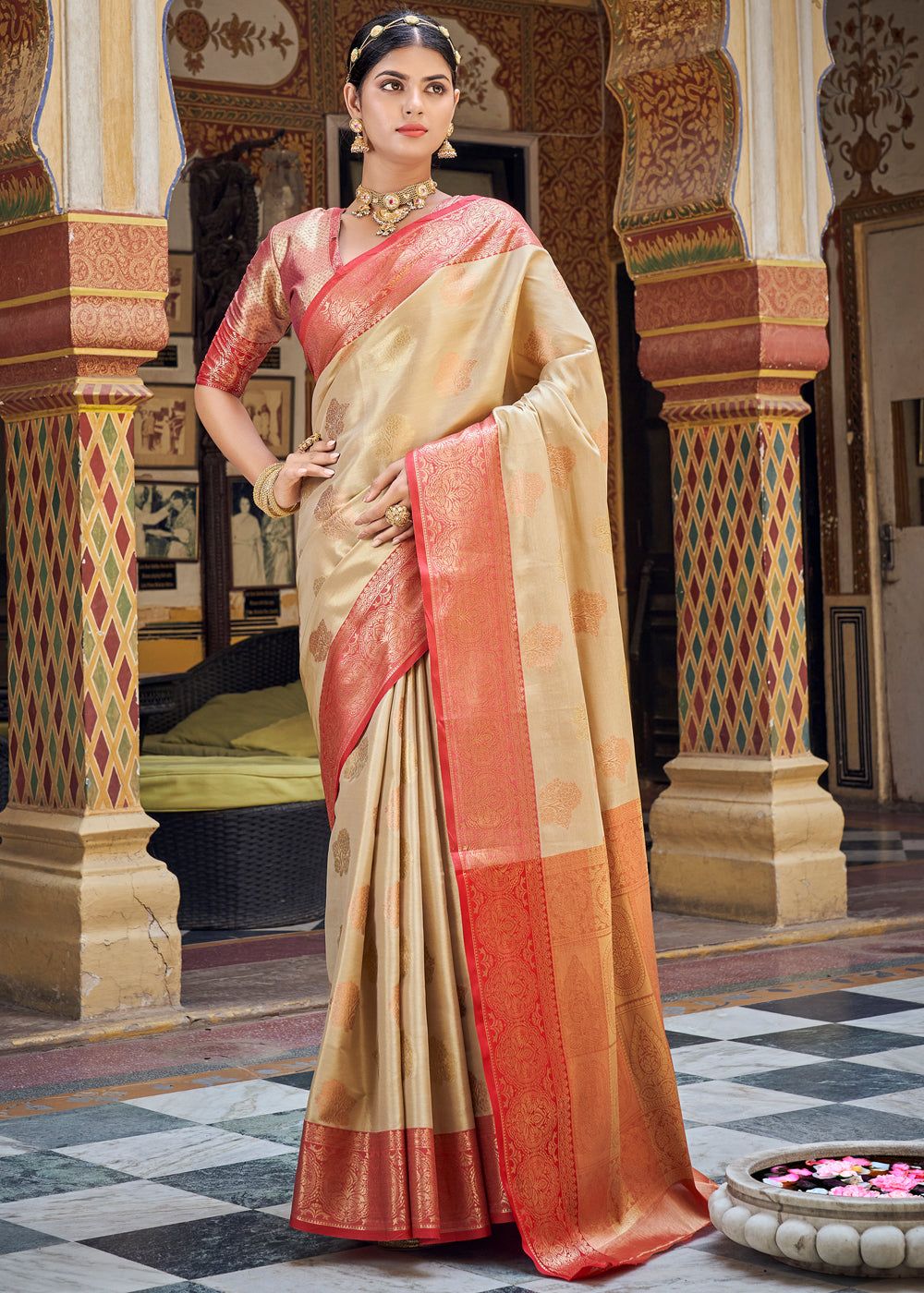 Red And Beige Woven Banarasi Brocade Silk Saree