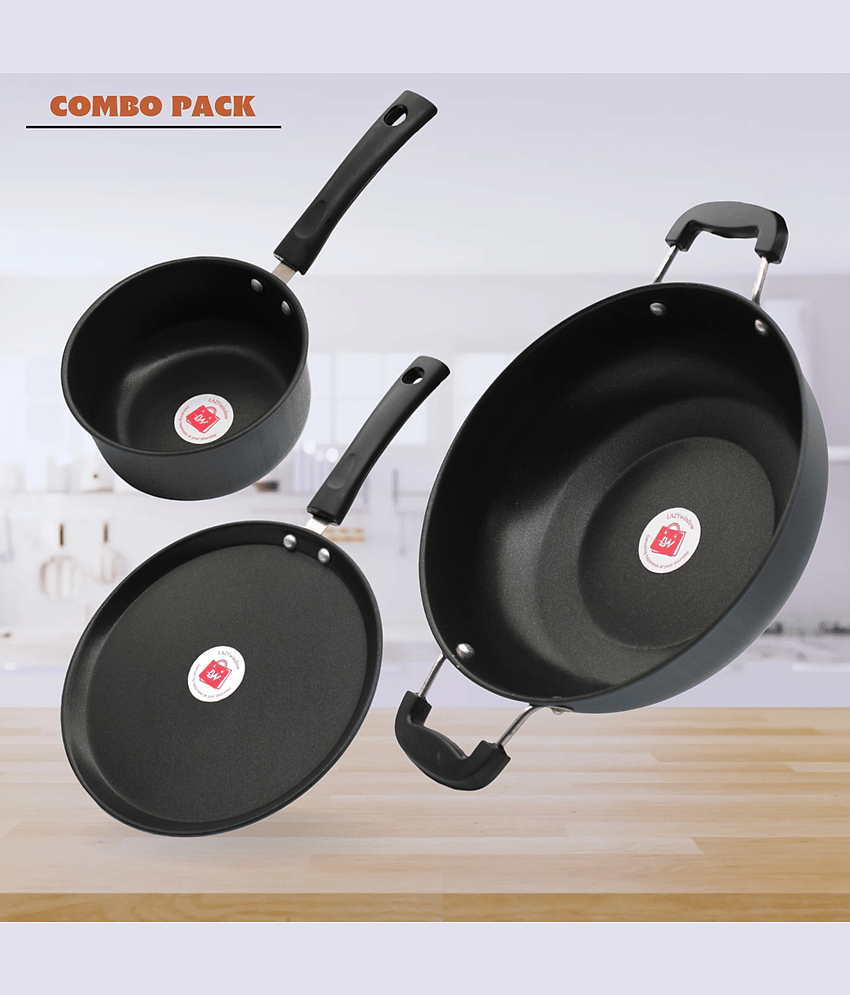 LAZYWINDOW Grey Hard Anodised Non-Stick Cookware Sets ( Set of 3 )