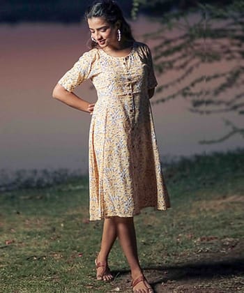 Pink floral handblock printed cotton dress