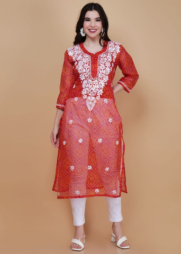 Traditional Kota Chikankari Straight Kurta - Red