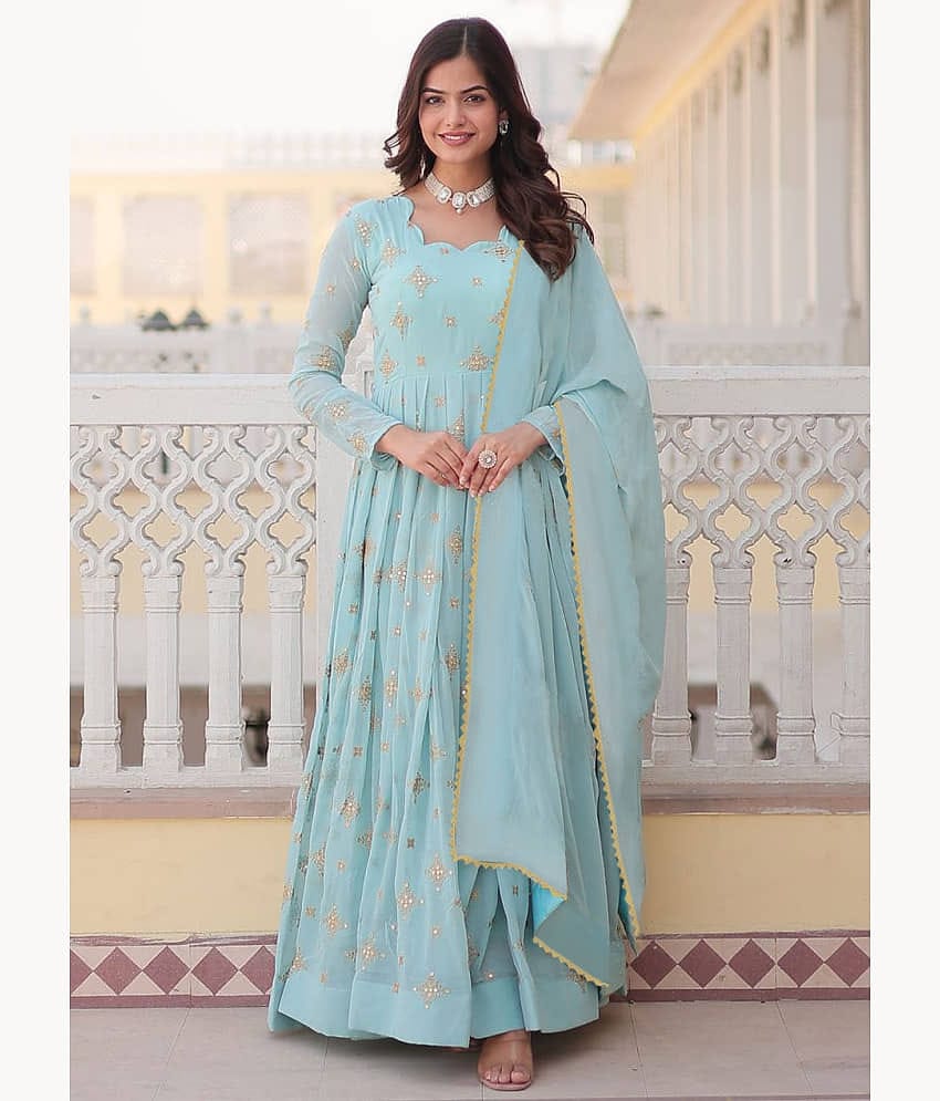 Trijal Fab Pack of 1 Georgette Embellished Anarkali Women's Kurti with Dupatta - ( Turquoise )