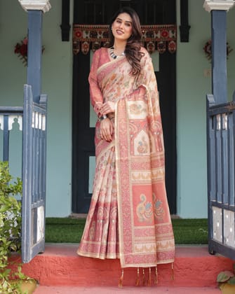 Cream with Coral Borders Linen Cotton Handloom Printed Saree, Peacock Motifs, Floral Design, and Tassels-Regular