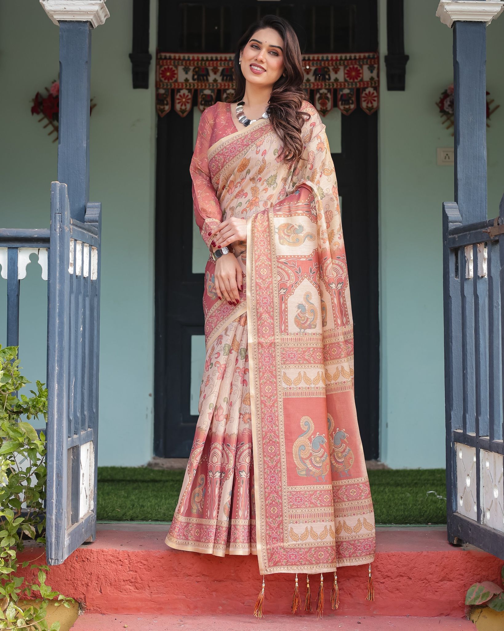 Cream with Coral Borders Linen Cotton Handloom Printed Saree, Peacock Motifs, Floral Design, and Tassels-Regular