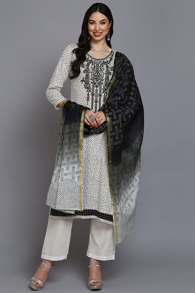 Off White Cotton Bandhani Straight Suit Set VKSKD1870 - Kurtas & Kurta Sets | Buy online on ZillyBuy