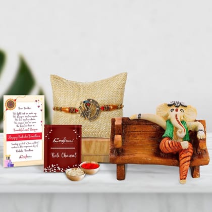 Designer Peacock Rakhi with Lord Ganesha in McDonald Style Visiting Card Holder and Roli Chawal Pack, Best Wishes Greeting Card