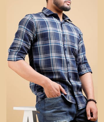 Eyebogler Cotton Blend Regular Fit Checks Full Sleeves Men's Mandarin Collar T-Shirt - Blue ( Pack of 1 )