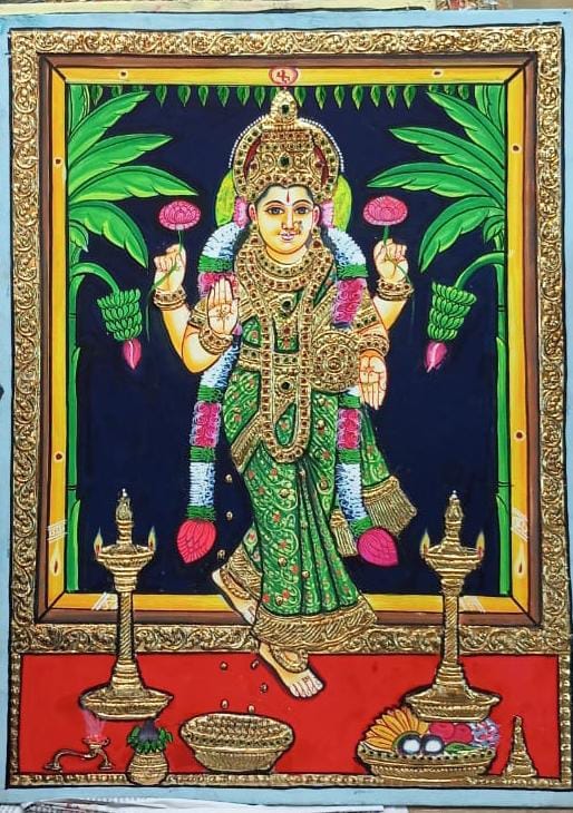 Tanjore painting of Goddess Griha Lakshmi By Authentic Handcrafting Method (Size 24x18)