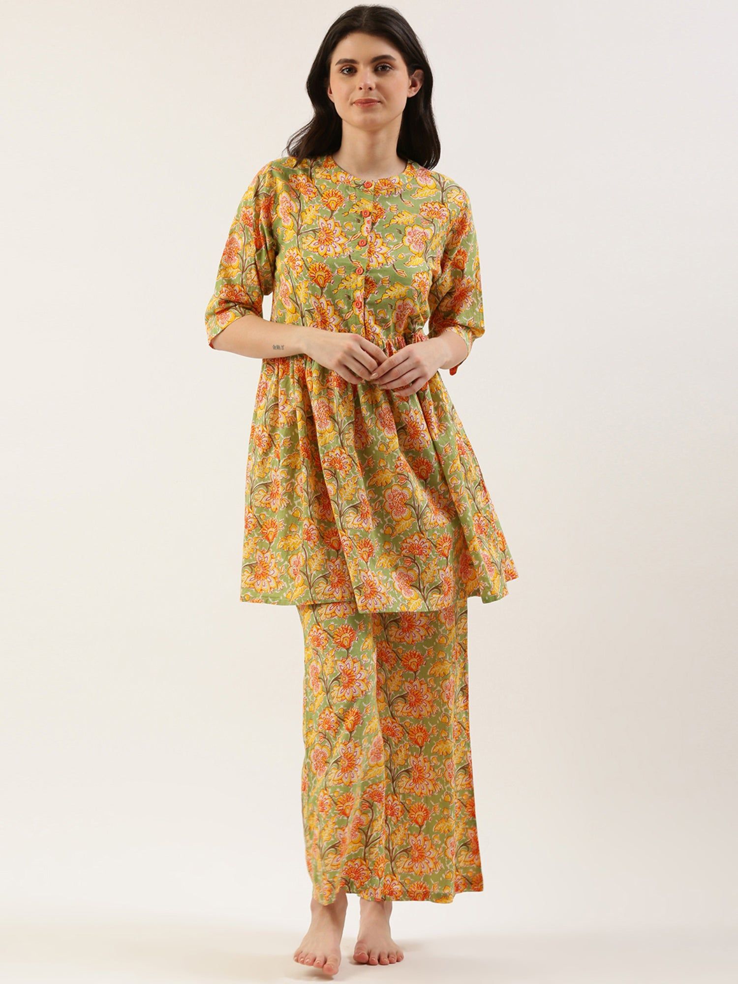 Women Green Floral Kurta & Palazzo-M