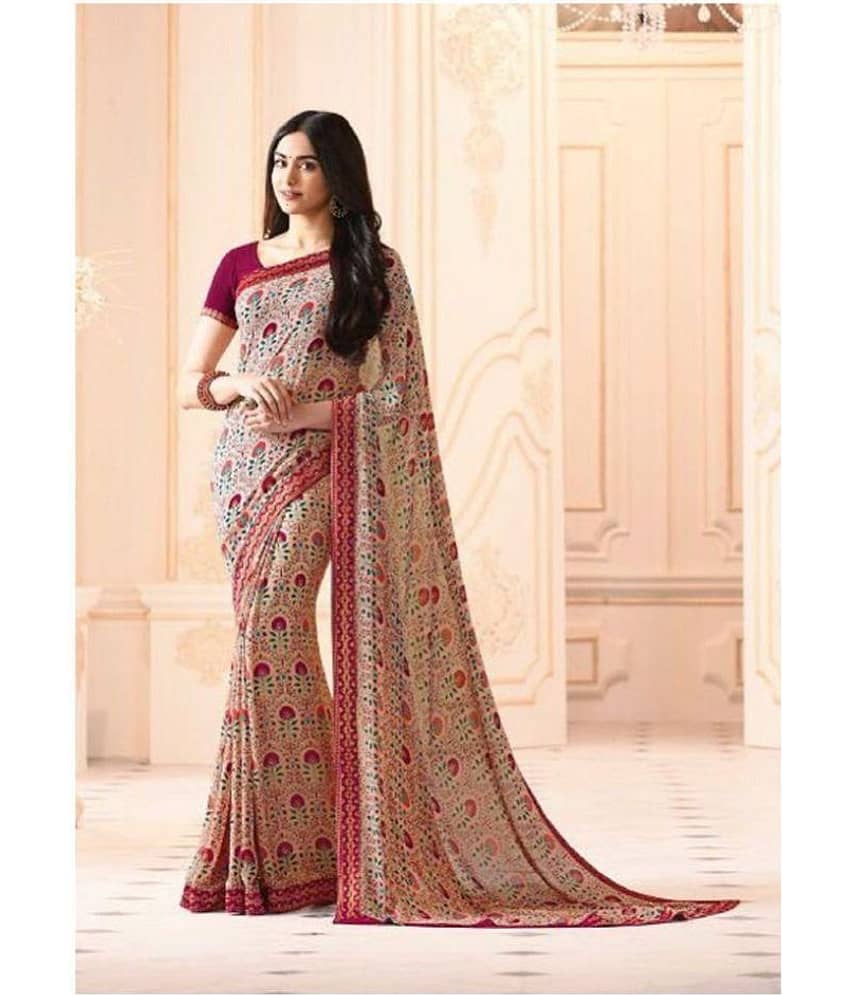 Gazal Fashions Chiffon Printed Saree With Unstitched Blouse Piece ( Multicolor )