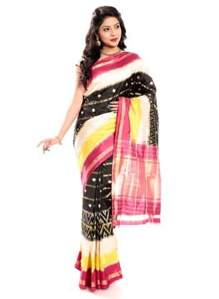 Cream & Yellow Black Ikkat Silk Saree with Dark Pink Border
