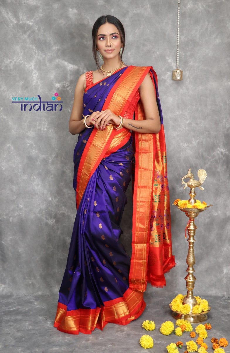 Rajsi~ Pure Silk Handloom Maharani Paithani - Royal Blue Traditional Color with Red Border