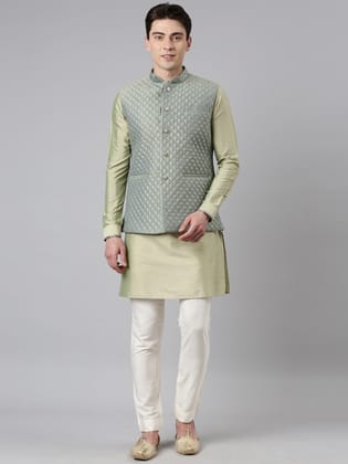 Lime Green Blue Jacquard Quilted Jacket With Green Short Kurta-M/40 / Pajama set