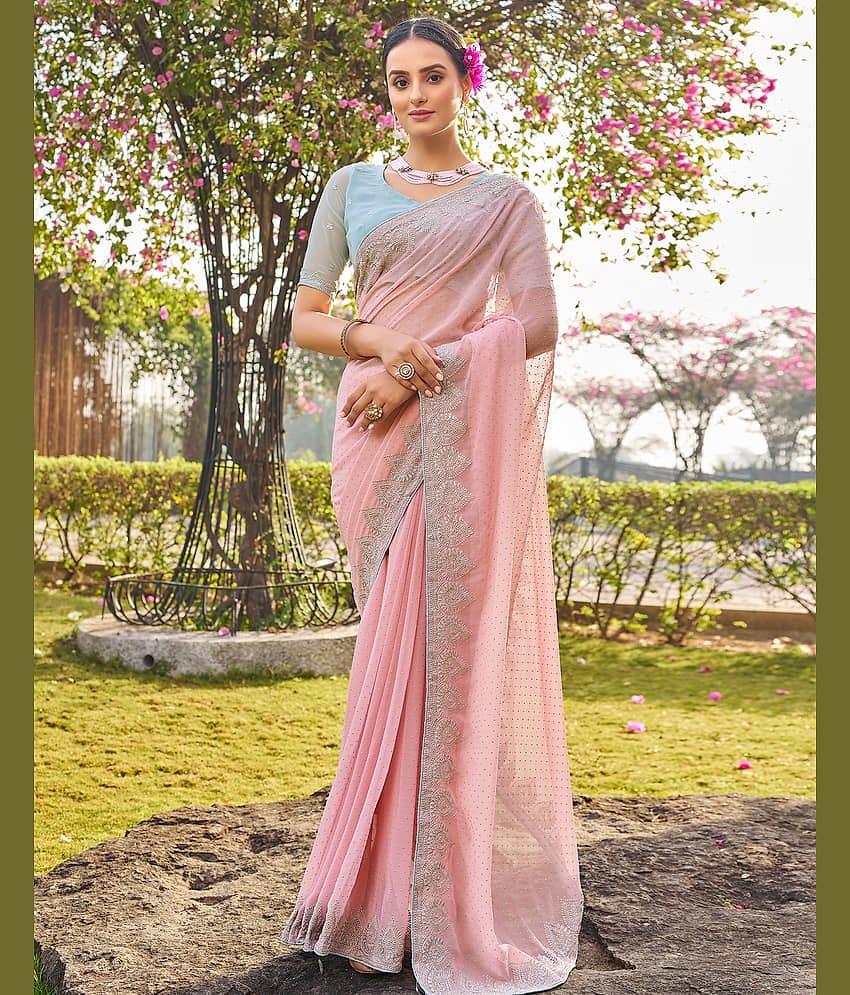 Samah Georgette Embroidered Saree With Unstitched Blouse Piece ( Fluorescent Pink )
