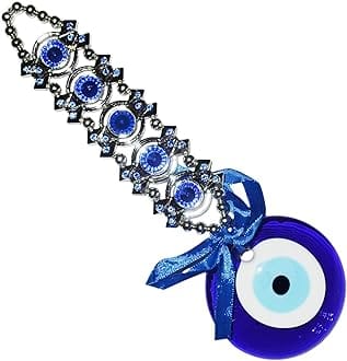Real Seed Evil Eye Car & Door/Office Hanging for Good Luck and Prosperity Showpiece Silver Eyes Crafted by Blue Gems - 26 x 8 CM