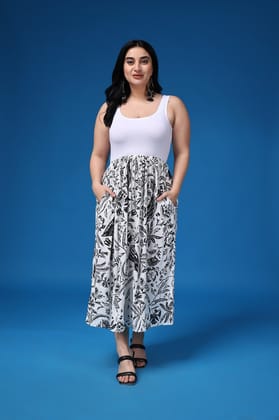 White Leaf Printed Dress-L / White