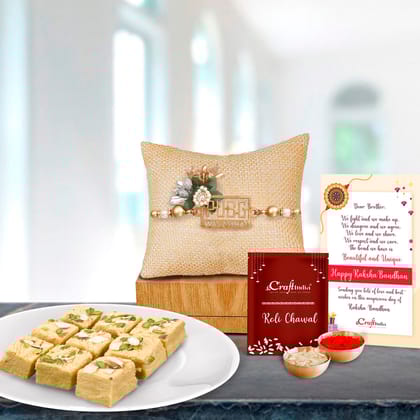 Designer Pubg Wala Bhai Rakhi with Soan Papdi (500 Gm) and Roli Chawal Pack, Best Wishes Greeting Card
