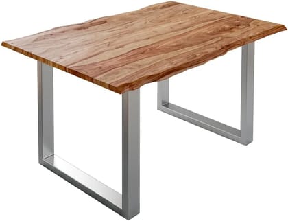 Sahajhast Solid Sheesham Wood Dining Table with Real Wane Edge and Silver U-Frame Base  Natural Finish ( Size - 180 x 90 cm )