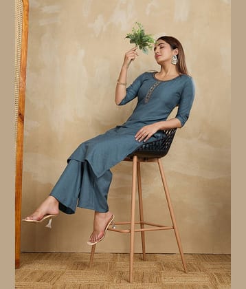 Women Basket Women Cotton Solid Straight Kurti With Pants ( Grey )