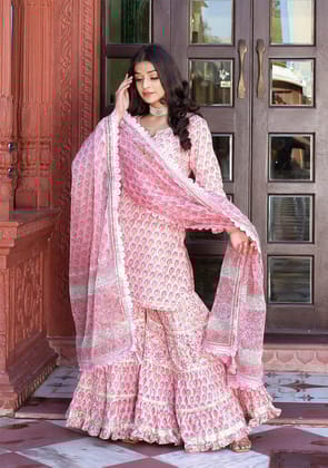 Pink Floral Hand Block Printed Kurta Sharara Set with Dupatta-S