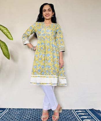 Yellow blue floral sanganeri hand block printed cotton kurti