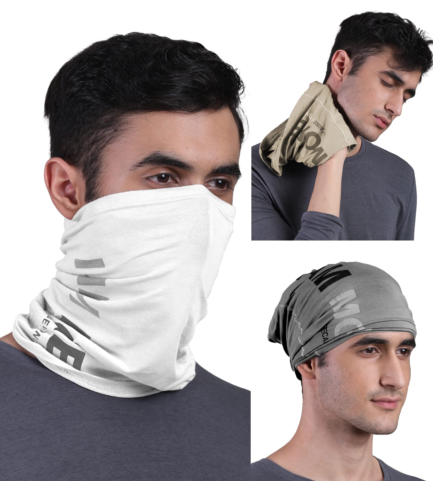 FREECULTR Unisex Bamboo Bandana, Anti Microbial Super Soft & Comfort Fit, Breathable Multipurpose Headband, Face Mask for Dust Protection and Sun - Printed Pack of 3-Beach Sand,Charcoal,White
