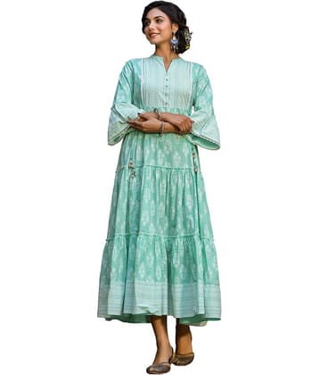 Juniper Women Cotton Blend Printed Ethnic Dress ( Mint Green )