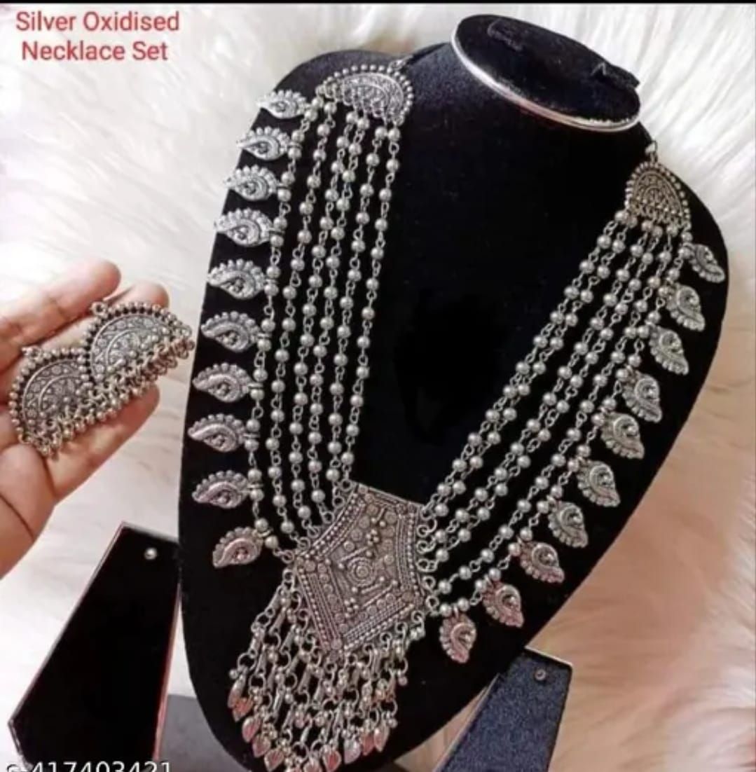 Traditional Oxidised Silver Multi Strand Necklace And Hoop Earring Set