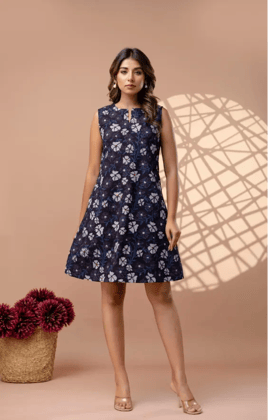 Dark Blue Indigo Hand Block Print A-Line Dress