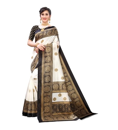 Women's Art Silk Printed Saree with Unstitched Blouse (Black, 5-6 Mtrs)