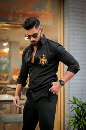 Black Club Wear KIng Lion Printed Satin Cotton Shirt Black Club Wear KIng Lion Printed Satin Cotton Shirt