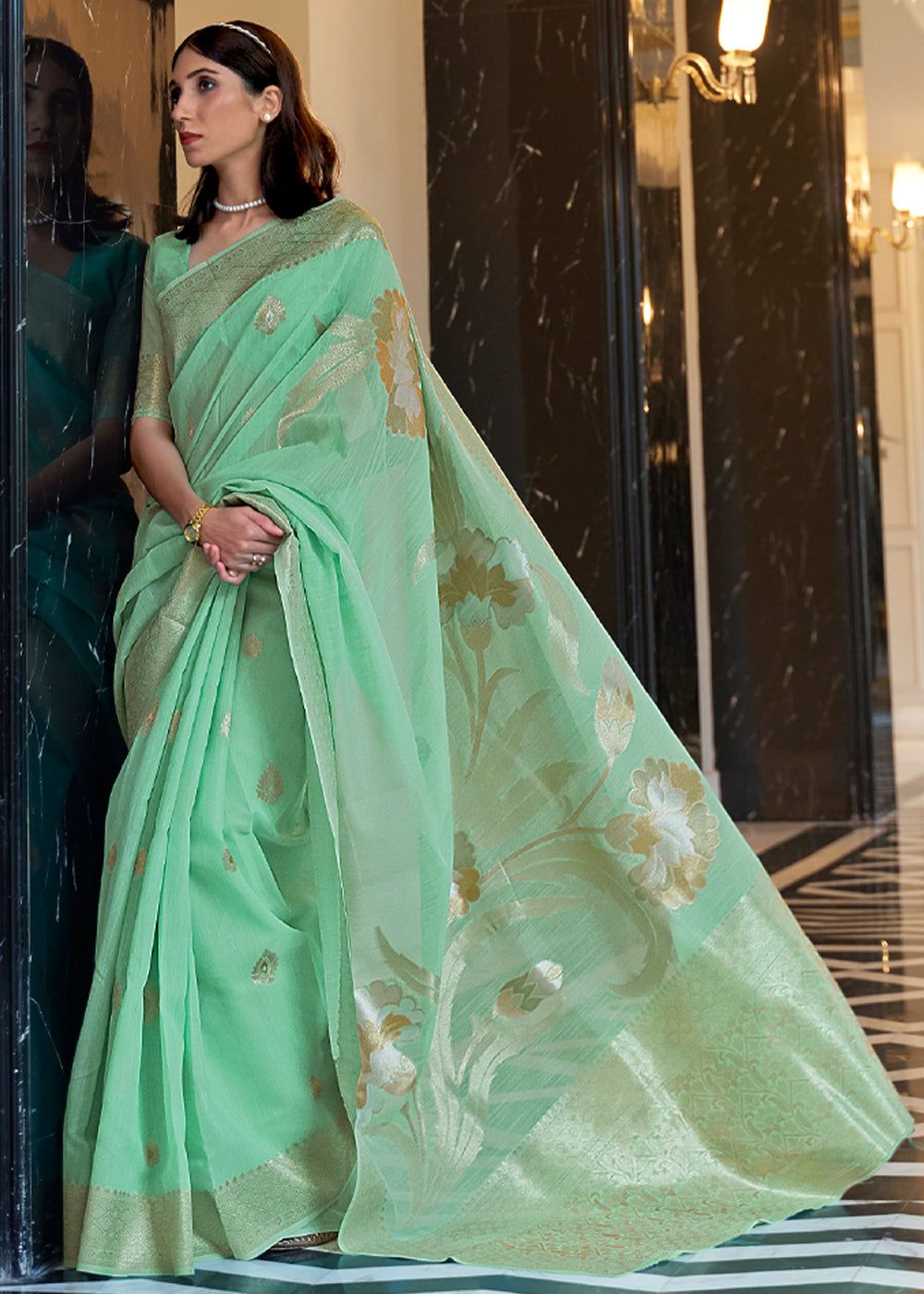 Mint Green Woven Banarasi Linen Silk Saree
