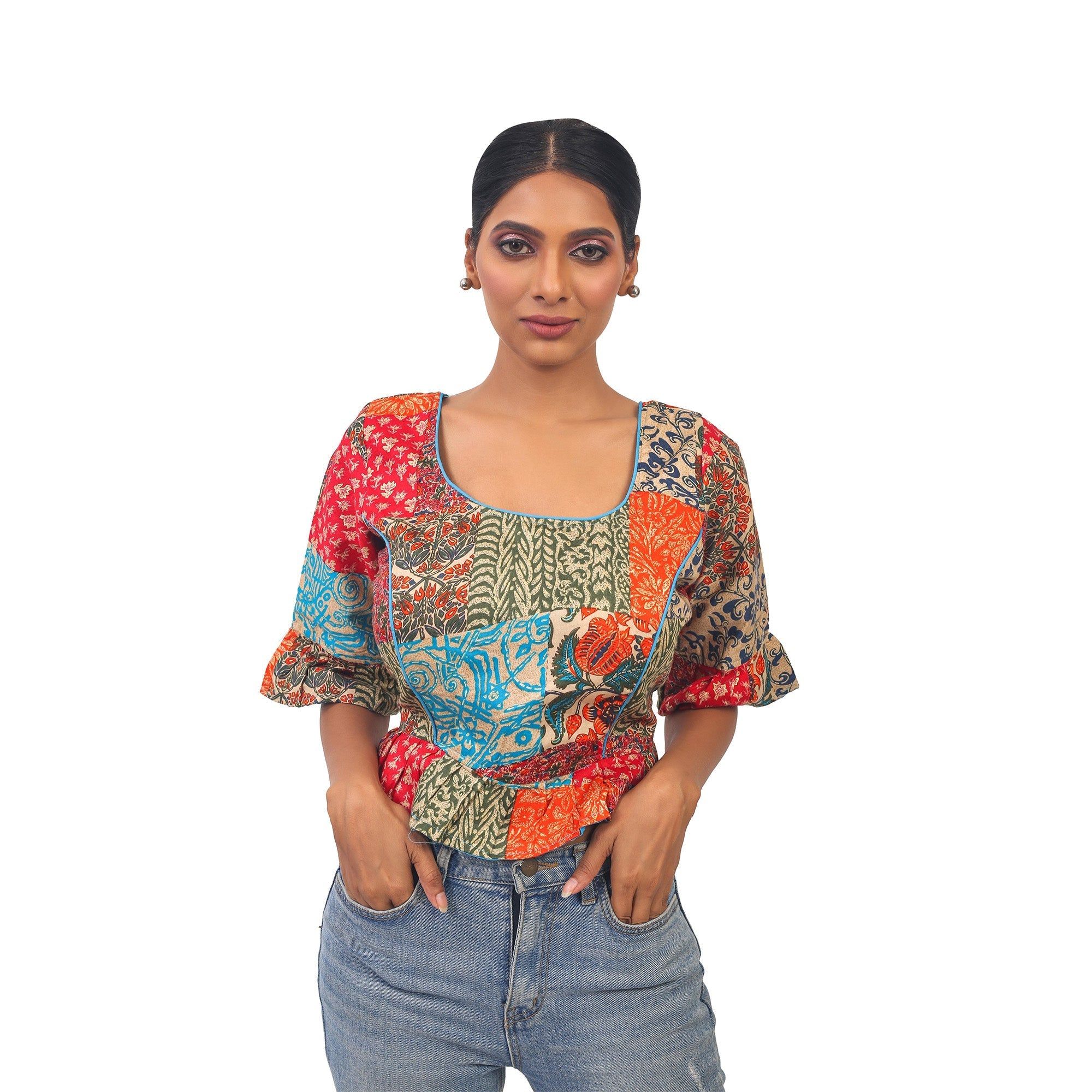 TheHangr Digital Print Multicolour Silk Designer Blouse -  34