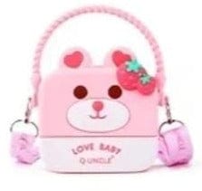 Sweet and Stylish: Strawberry Bear/Flower Bunny Square Silicone Sling Bag for Girls-Pink