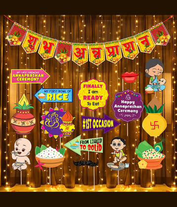 Zyozi Annaprasanam Photo Booth Props with Annaprasanam Bunting Banner Hindi Font Shubh Annaprashan | Rice Ceremony Decorations Items (Pack of 18)