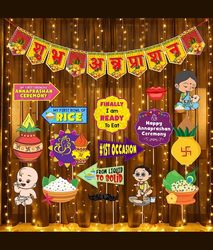 Zyozi Annaprasanam Photo Booth Props with Annaprasanam Bunting Banner Hindi Font Shubh Annaprashan | Rice Ceremony Decorations Items (Pack of 18)