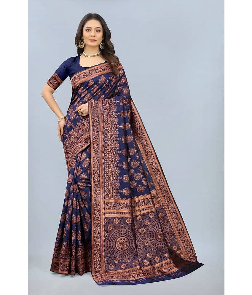 NENCY FASHION Banarasi Silk Embellished Saree With Unstitched Blouse Piece ( Navy Blue )