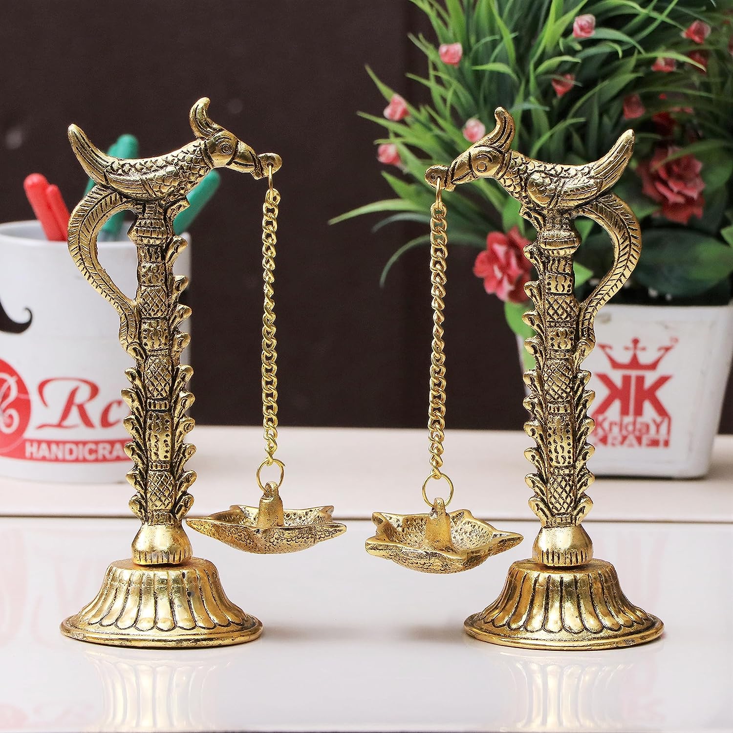 DreamKraft Gold Plated Metal Hanging Diya Pair - Parrot Design | Pack of 2 | Pillar Parrot Design | 7.5 Inches |300 gm