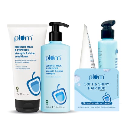 Plum Coconut Milk & Peptides Shampoo 250ml & Conditioner 175g Combo for Dry & Frizzy Hair | 22X Softer, Hydrated, & Smooth Hair | SLS & Paraben Free, pH Balanced Shampoo & Conditioner for Women & Men Plum Coconut Milk & Peptides Shampoo 250ml & Condition
