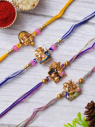 Set of 4 Lord Ganesha and Shiva Religious Designer Rakhis for Brother, Bhabhi, Kids with Roli Chawal Pack