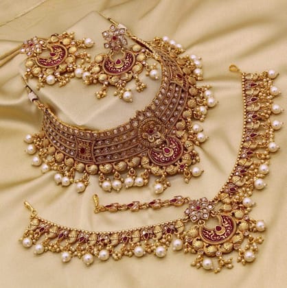 ZEVAR I Golden Kundan Polki Choker Necklace Set-merron