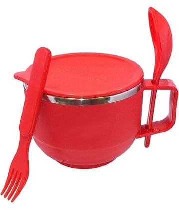 VillWin Soup Bowl with Spoon & Fork Stainless Steel Plain Soup Bowl 11 cm ( Set of 1 ) Red