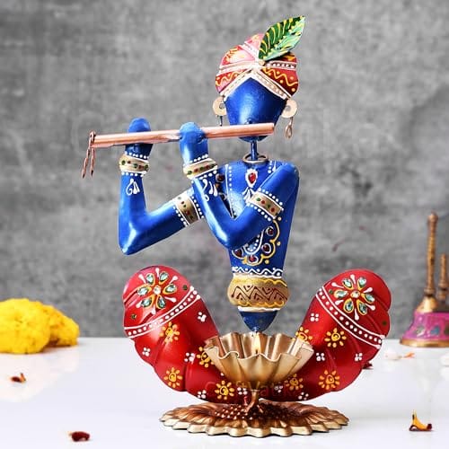 Decoration Gift for Living Room - House Warming Wedding Gift - Metal Krishna Showpiece - Handpainted Flute Krishna