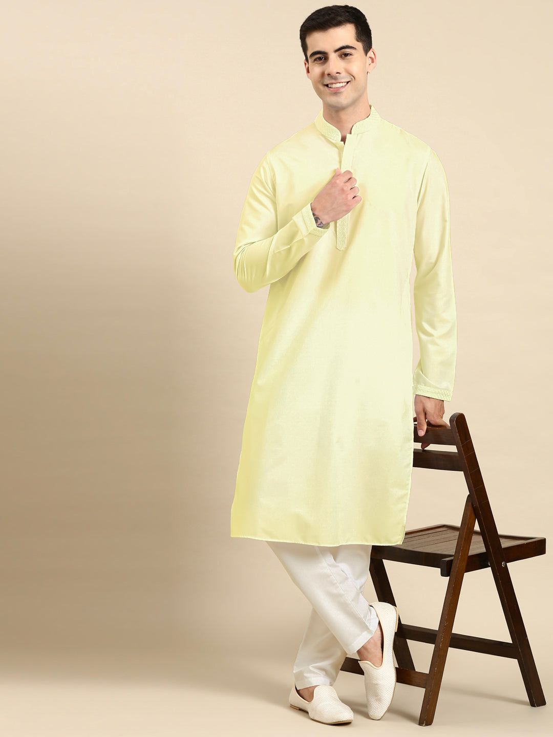 Light Yellow fine Cotton Kurta Set-XL/44 / Only Kurta - No Lowers
